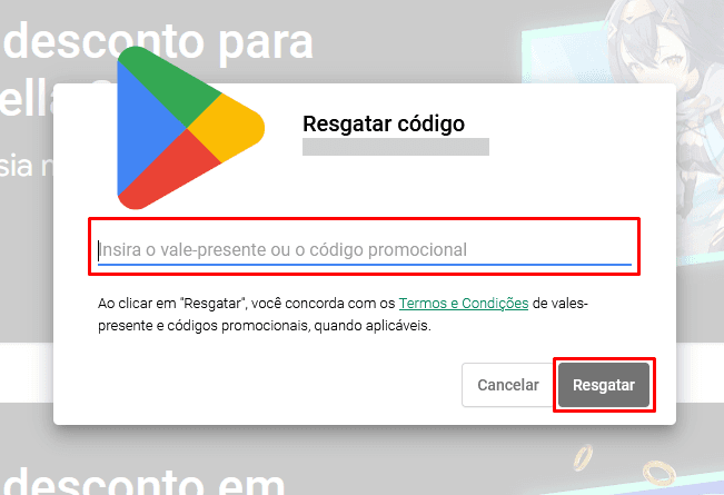 Campo Código do produto preenchido na Google Play com botão Resgatar