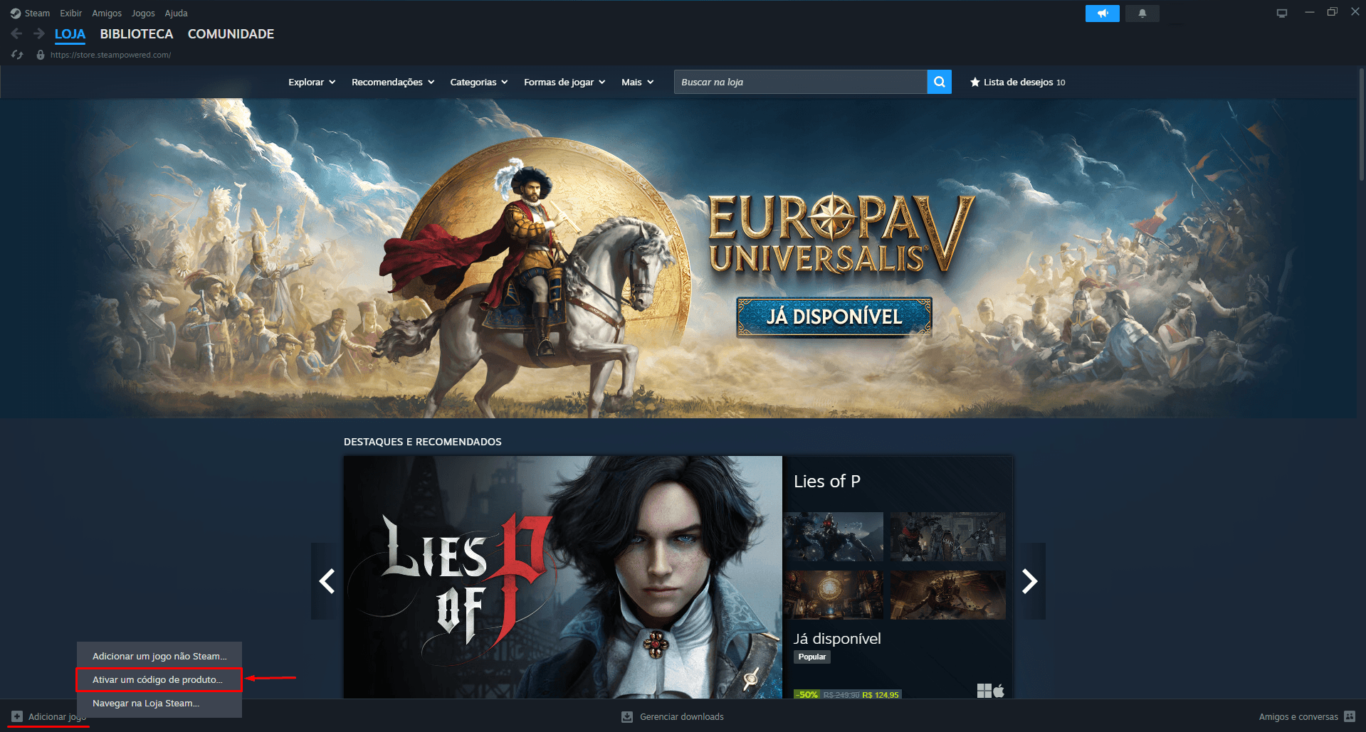 Menu Adicionar um jogo destacado no cliente da Steam
